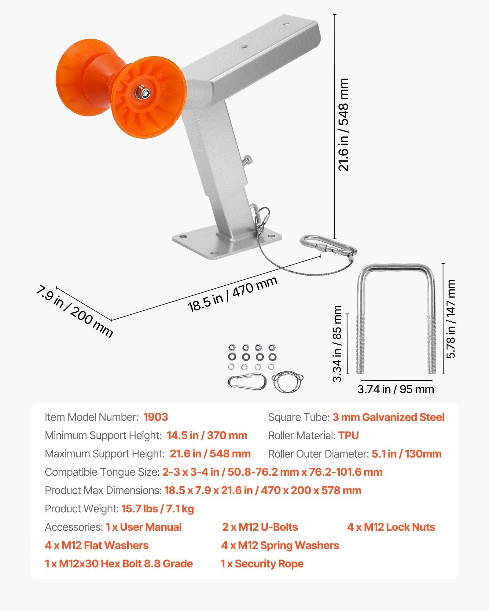 Boat Trailer Winch Stand with Roller, Adjustable Height 365-548 mm, Boat Winch Mount with U-Bolts for V952-CYJPZJZZJ00032G30001V0