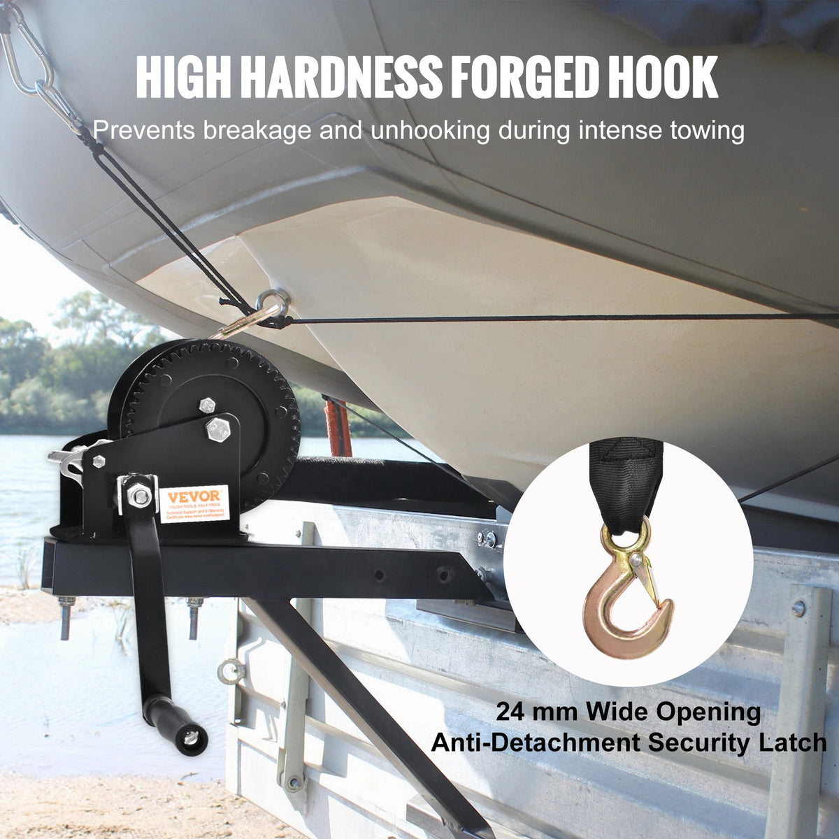 Hand Winch, 725.7 kg Pulling Capacity, Boat Trailer Winch Heavy Duty Rope Crank with 10 m Polyester Strap and V952-CYSDJP1600BDKMHDEV0