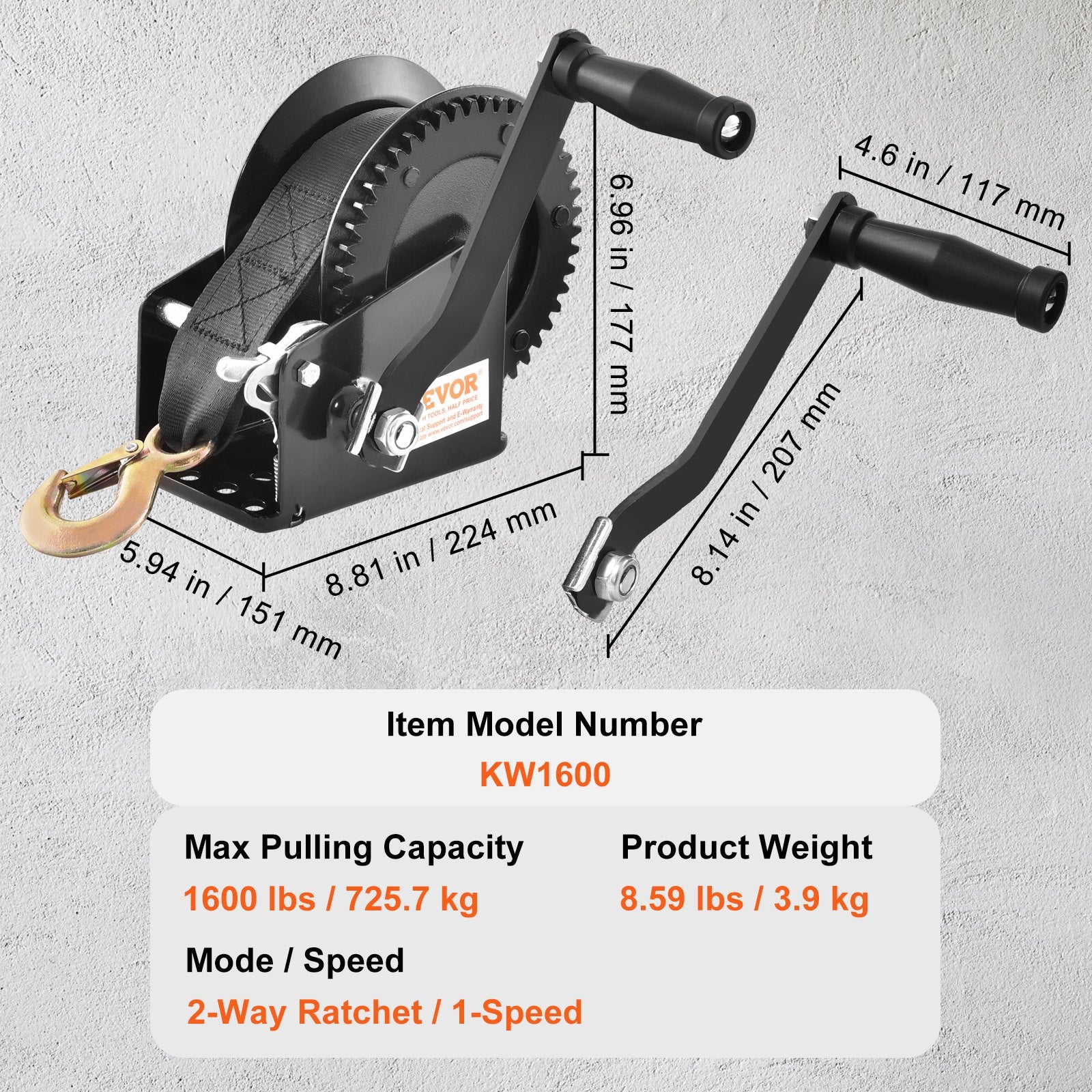 Hand Winch, 725.7 kg Pulling Capacity, Boat Trailer Winch Heavy Duty Rope Crank with 10 m Polyester Strap and V952-CYSDJP1600BDKMHDEV0