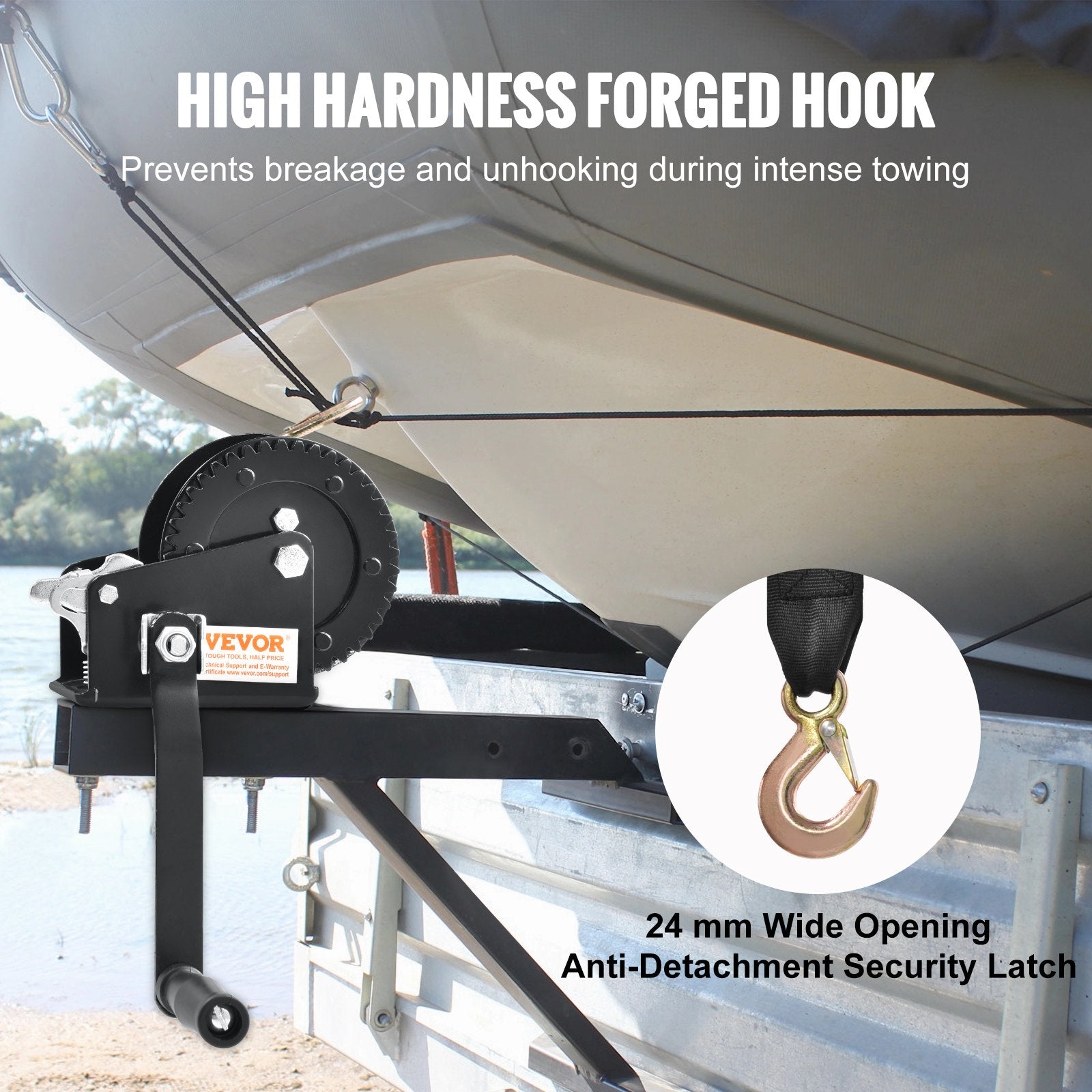 Hand Winch, 907.1 kg Pulling Capacity, Boat Trailer Winch Heavy Duty Rope Crank with 7 m Polyester Strap and V952-CYSDJP2000BDI2OUWV0