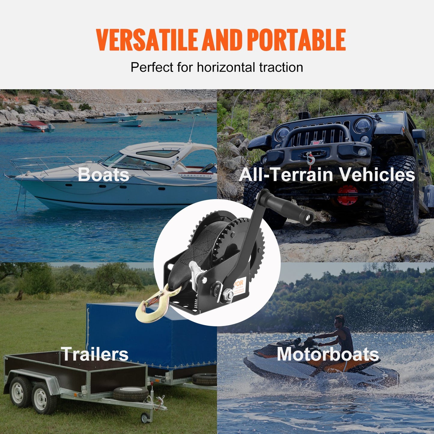 Hand Winch, 907.1 kg Pulling Capacity, Boat Trailer Winch Heavy Duty Rope Crank with 7 m Polyester Strap and V952-CYSDJP2000BDI2OUWV0