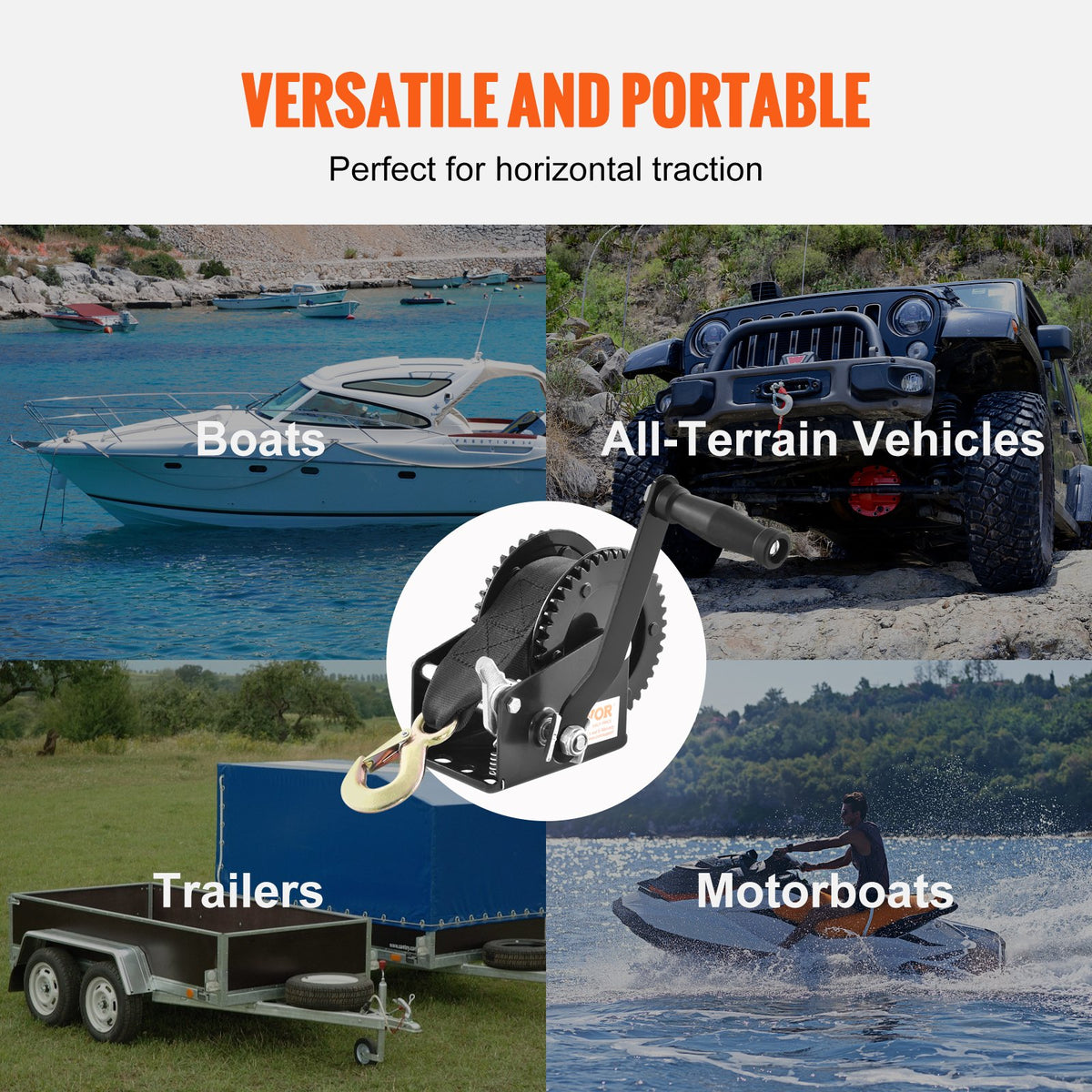 Hand Winch, 907.1 kg Pulling Capacity, Boat Trailer Winch Heavy Duty Rope Crank with 7 m Polyester Strap and V952-CYSDJP2000BDI2OUWV0