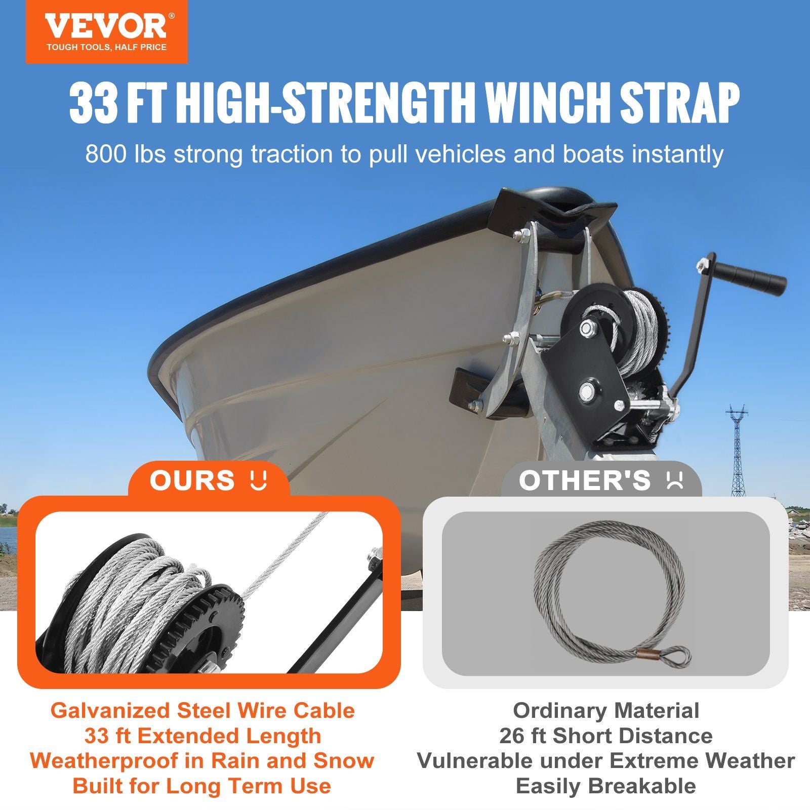 Hand Winch, 362.8 kg Pulling Capacity, Boat Trailer Winch Heavy Duty Rope Crank with 10 m Steel Wire Cable V952-CYSDJP800BG0IYPD8V0