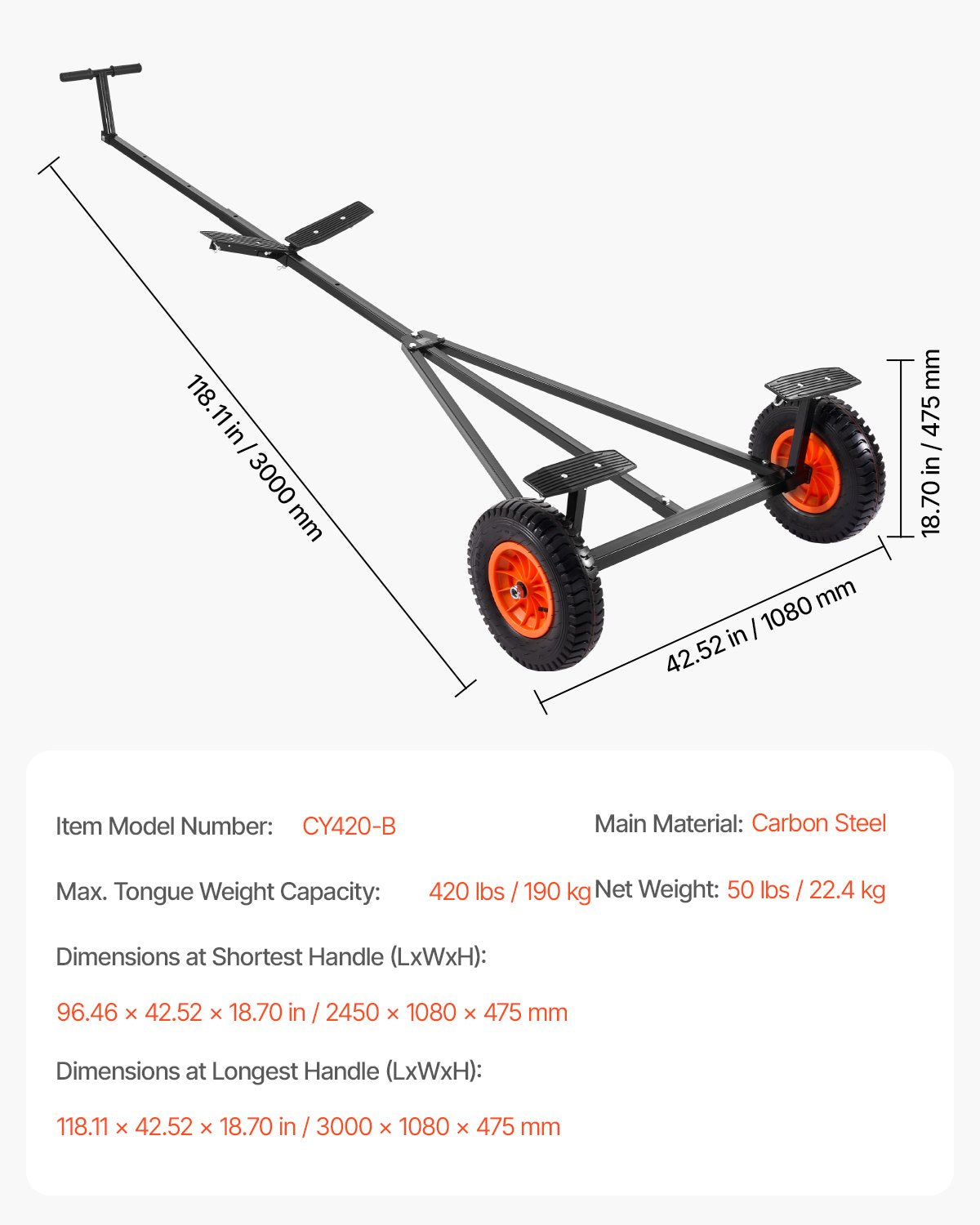 420lbs Boat Trailer Dolly Mover Adjustable Length with 15.7 in Pneumatic Tires V952-CYSDQYC420BH54A5OV0