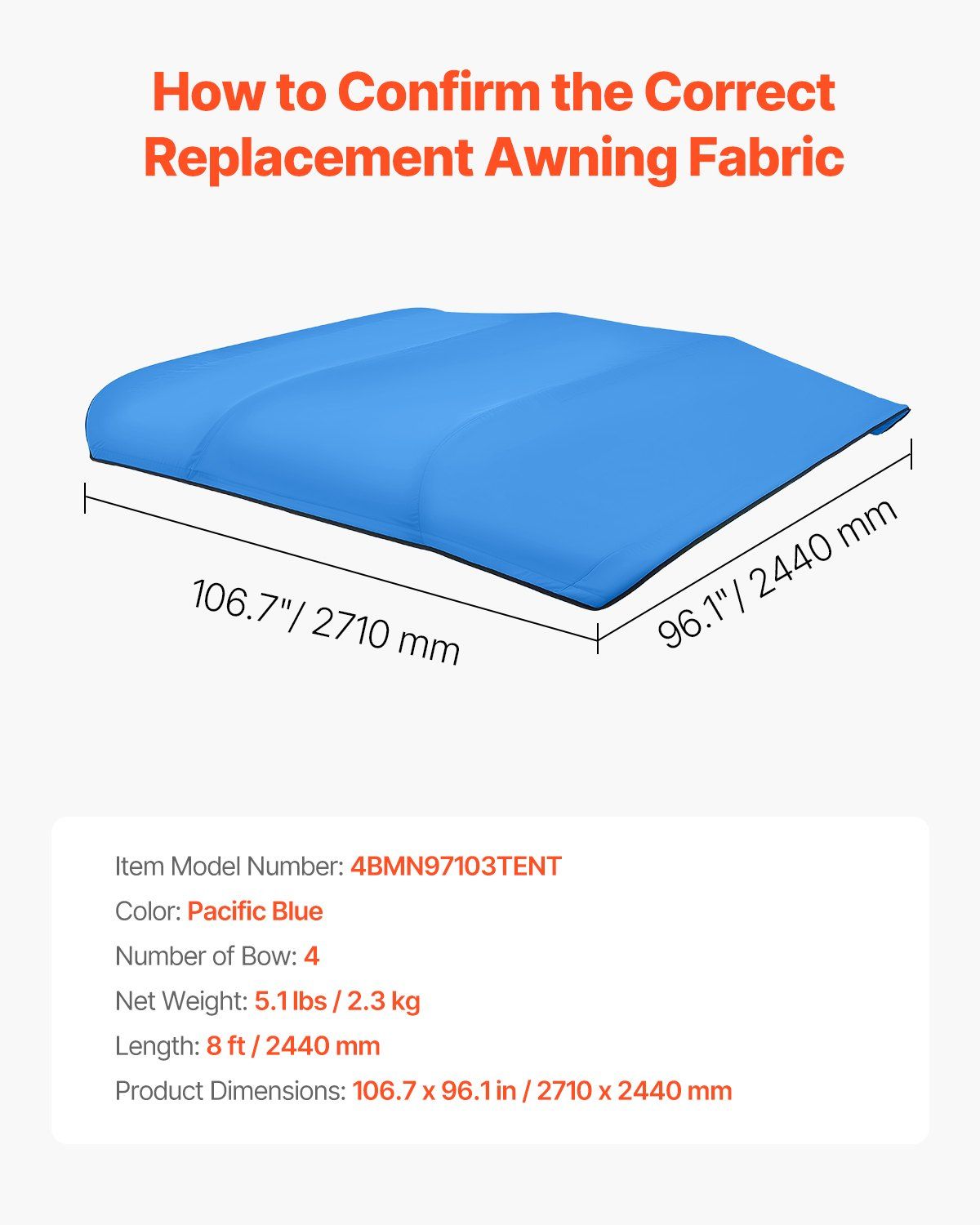4 Bow Bimini Top Replacement Cover, 2440 mm Long, Durable 600D Marine Grade Waterproof Sun Shade Boat Canopy V952-CYZYPDPTHJ96U4ST1001V0