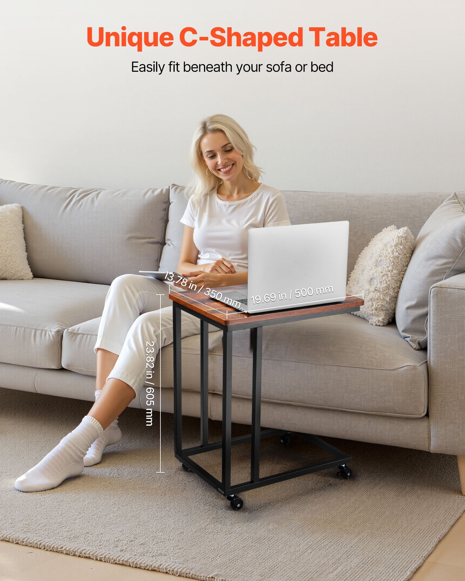 C Table, C Shaped Sofa Side Table with Metal Frame Rolling Casters, Portable C Shaped End Stand for Living V952-CZ1JT1CBHB208HKNP001V0