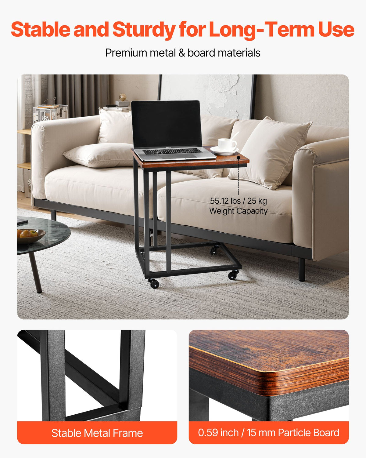 C Table, C Shaped Sofa Side Table with Metal Frame Rolling Casters, Portable C Shaped End Stand for Living V952-CZ1JT1CBHB208HKNP001V0