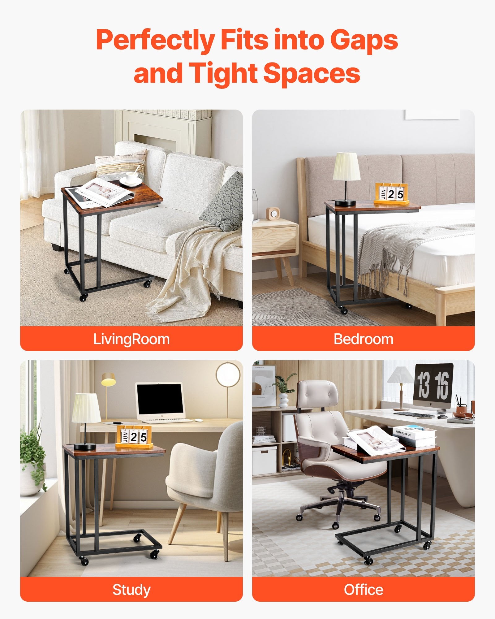 C Table, C Shaped Sofa Side Table with Metal Frame Rolling Casters, Portable C Shaped End Stand for Living V952-CZ1JT1CBHB208HKNP001V0