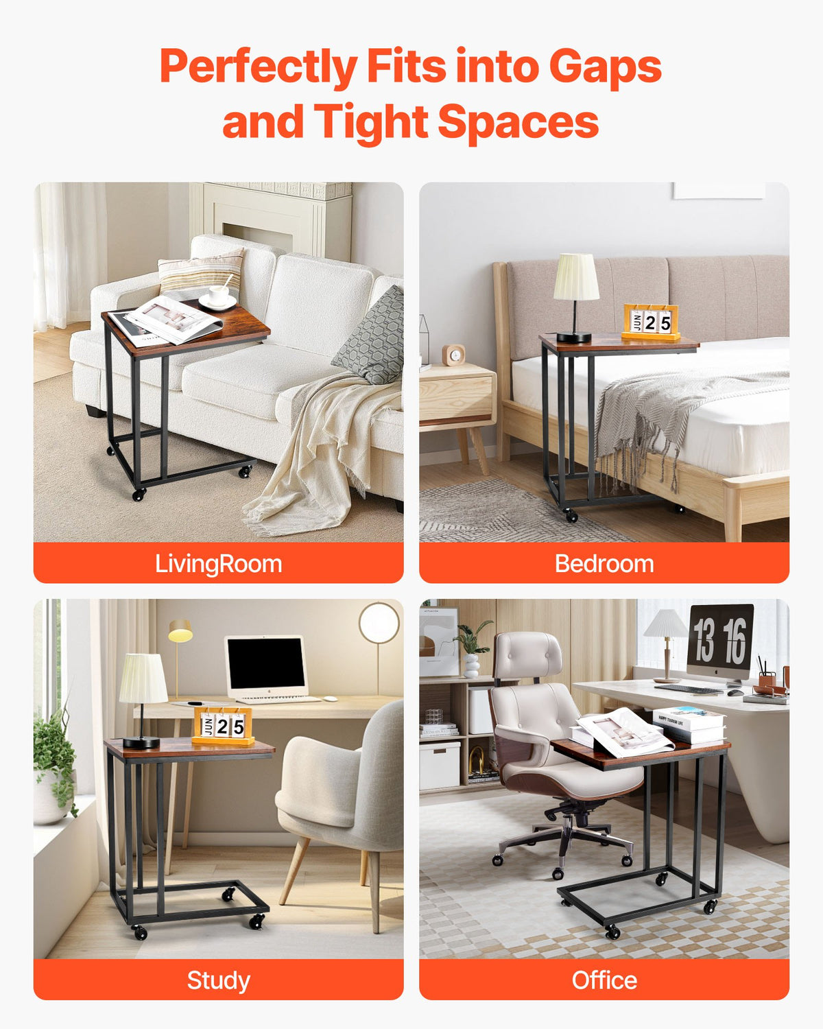 C Table, C Shaped Sofa Side Table with Metal Frame Rolling Casters, Portable C Shaped End Stand for Living V952-CZ1JT1CBHB208HKNP001V0