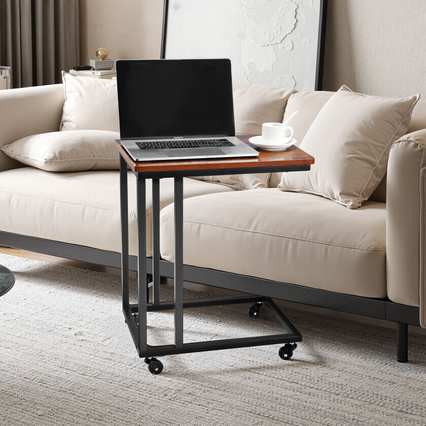 C Table, C Shaped Sofa Side Table with Metal Frame Rolling Casters, Portable C Shaped End Stand for Living V952-CZ1JT1CBHB208HKNP001V0
