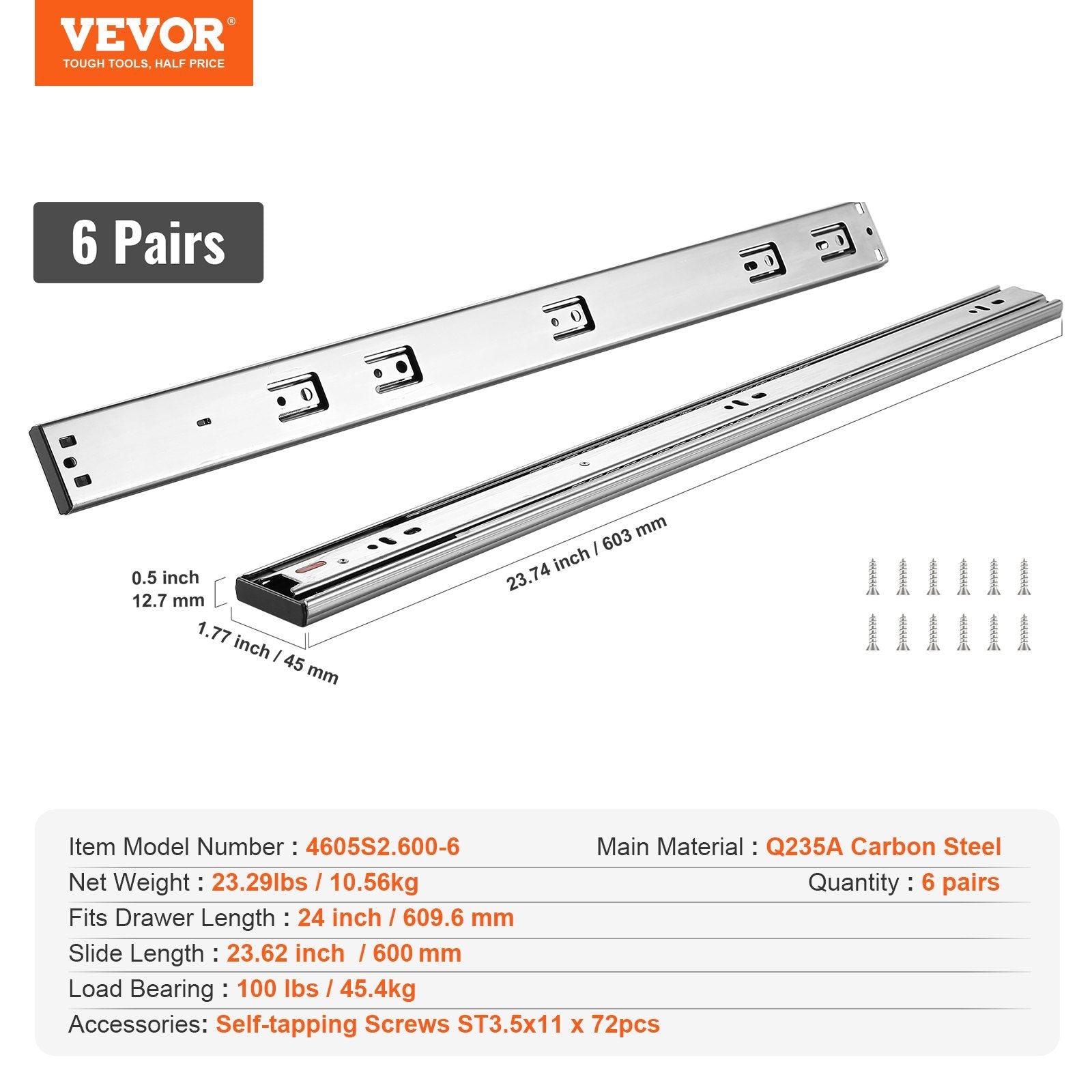6 Pairs of 609.6mm Drawer Slides Side Mount Rails, Heavy Duty Full Extension Steel Track, Soft-Close V952-CZCJCTDG100L9BKQKV0