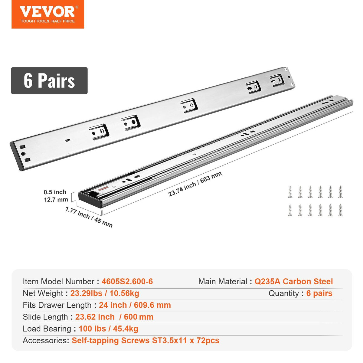 6 Pairs of 609.6mm Drawer Slides Side Mount Rails, Heavy Duty Full Extension Steel Track, Soft-Close V952-CZCJCTDG100L9BKQKV0