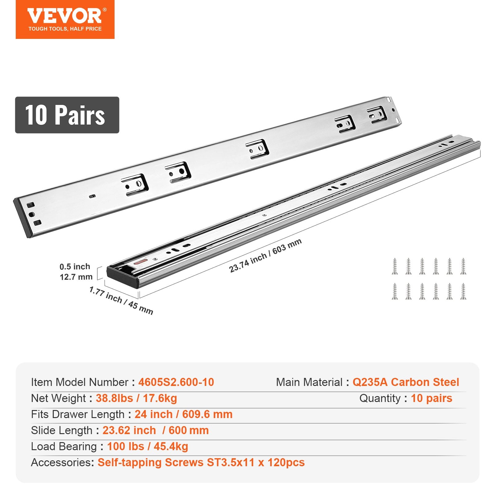 10 Pairs of 609.6mm Drawer Slides Side Mount Rails, Heavy Duty Full Extension Steel Track, Soft-Close V952-CZCJCTDG100L9KG10V0