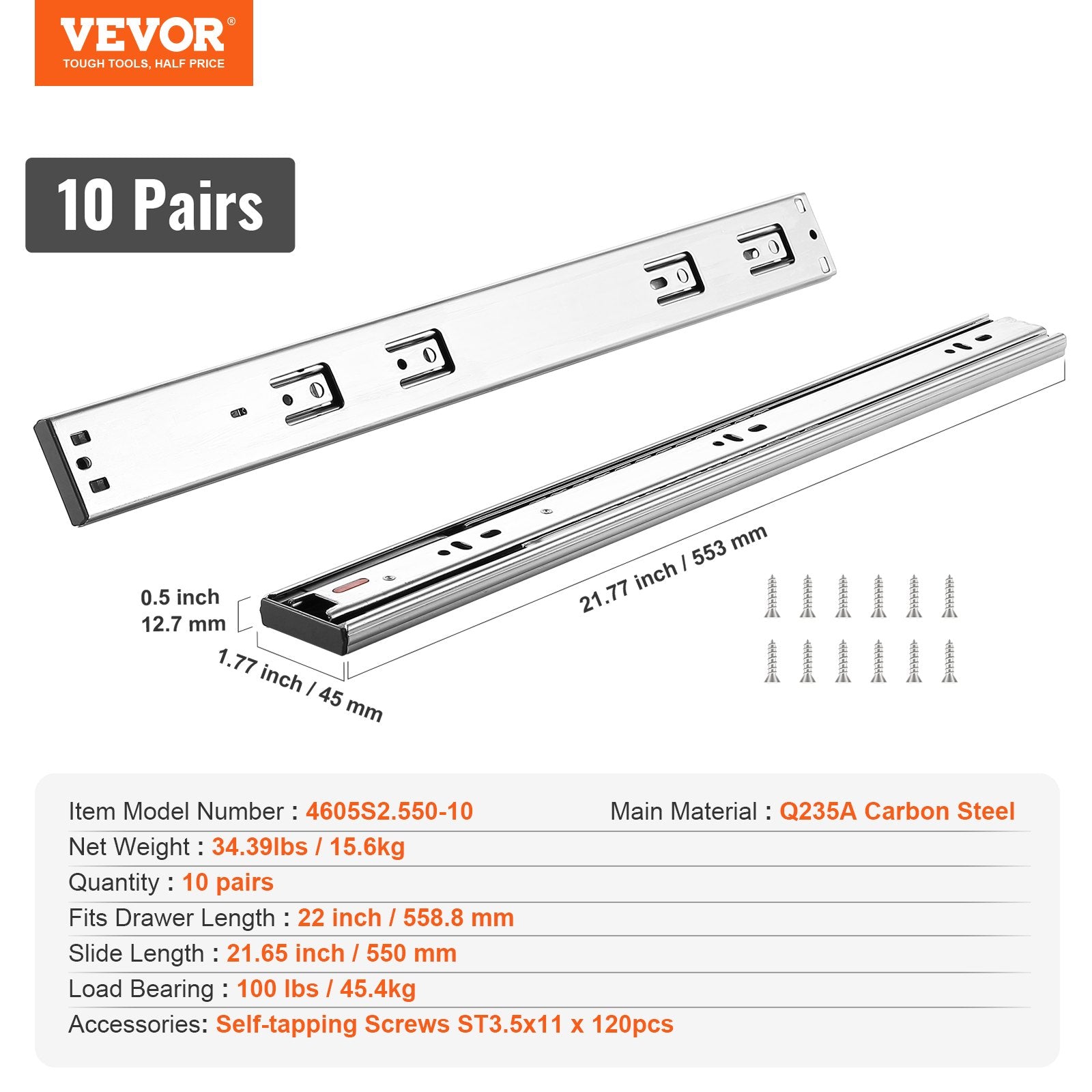 10 Pairs of 558.8mm Drawer Slides Side Mount Rails, Heavy Duty Full Extension Steel Track, Soft-Close V952-CZCJCTDG100L9P7WTV0