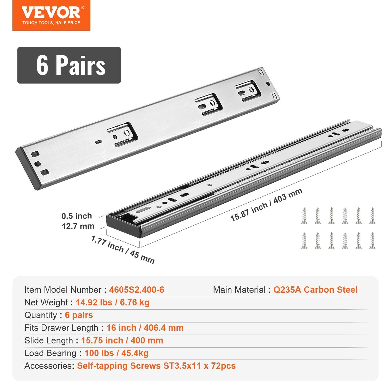 6 Pairs of 406.4mm Drawer Slides Side Mount Rails, Heavy Duty Full Extension Steel Track, Soft-Close V952-CZCJCTDG100LCQ258V0