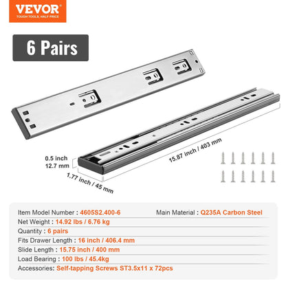 6 Pairs of 406.4mm Drawer Slides Side Mount Rails, Heavy Duty Full Extension Steel Track, Soft-Close V952-CZCJCTDG100LCQ258V0