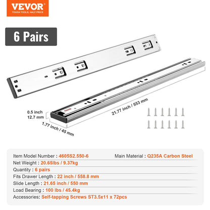 6 Pairs of 558.8mm Drawer Slides Side Mount Rails, Heavy Duty Full Extension Steel Track, Soft-Close V952-CZCJCTDG100LF91G5V0