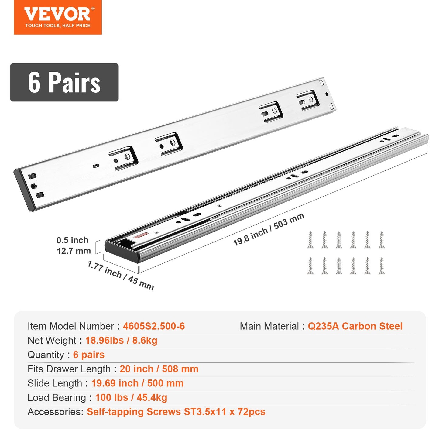 6 Pairs of 508mm Drawer Slides Side Mount Rails, Heavy Duty Full Extension Steel Track, Soft-Close Noiseless V952-CZCJCTDG100LG511JV0