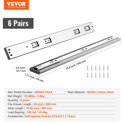 6 Pairs of 508mm Drawer Slides Side Mount Rails, Heavy Duty Full Extension Steel Track, Soft-Close Noiseless V952-CZCJCTDG100LG511JV0