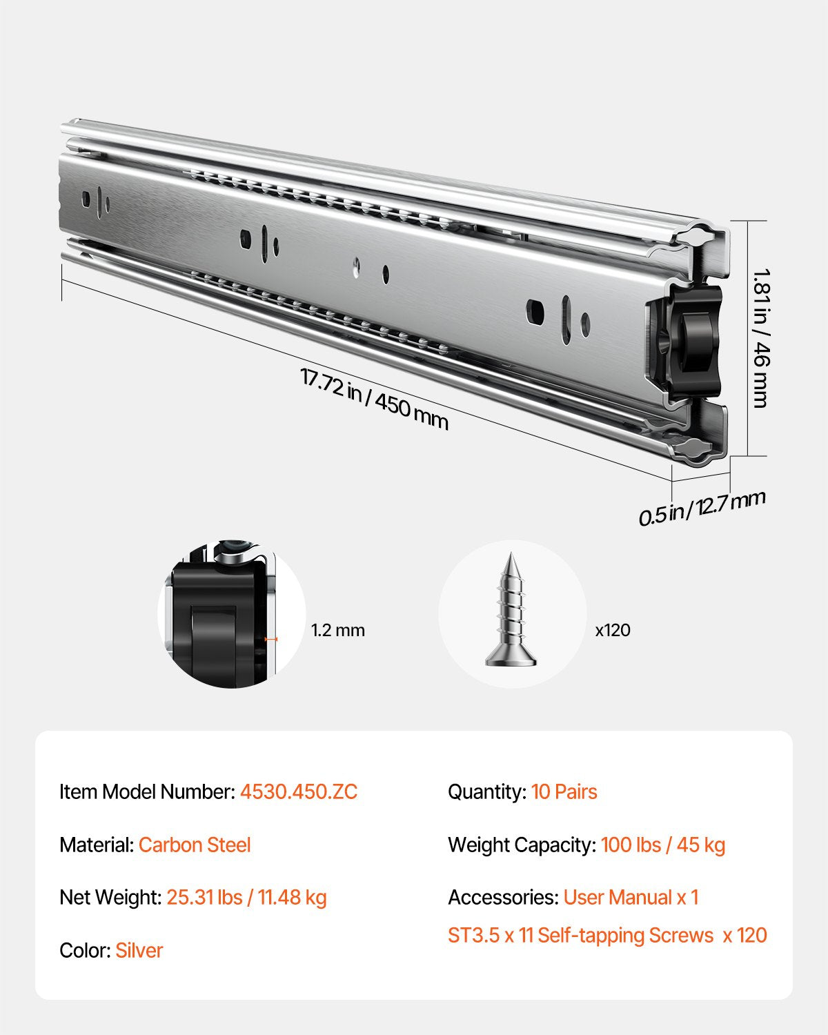 Drawer Slides, 18 inch, 10 Pairs Full Extension Ball Bearing Cabinet Rails, 100 LB Load Capacity Heavy Duty V952-CZCJCTDG100LPFFRWV0