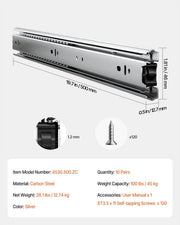 Drawer Slides, 20 inch, 10 Pairs Full Extension Ball Bearing Cabinet Rails, 100 LB Load Capacity Heavy Duty V952-CZCJCTDG100LPZMLNV0