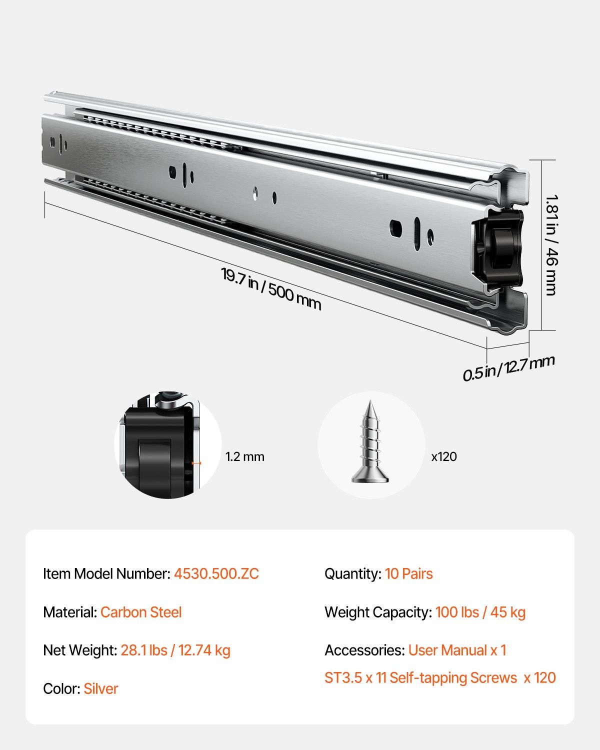 Drawer Slides, 20 inch, 10 Pairs Full Extension Ball Bearing Cabinet Rails, 100 LB Load Capacity Heavy Duty V952-CZCJCTDG100LPZMLNV0
