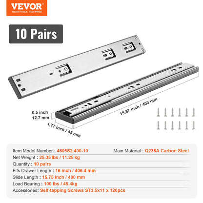 10 Pairs of 406.4mm Drawer Slides Side Mount Rails, Heavy Duty Full Extension Steel Track, Soft-Close V952-CZCJCTDG100LUDXKVV0