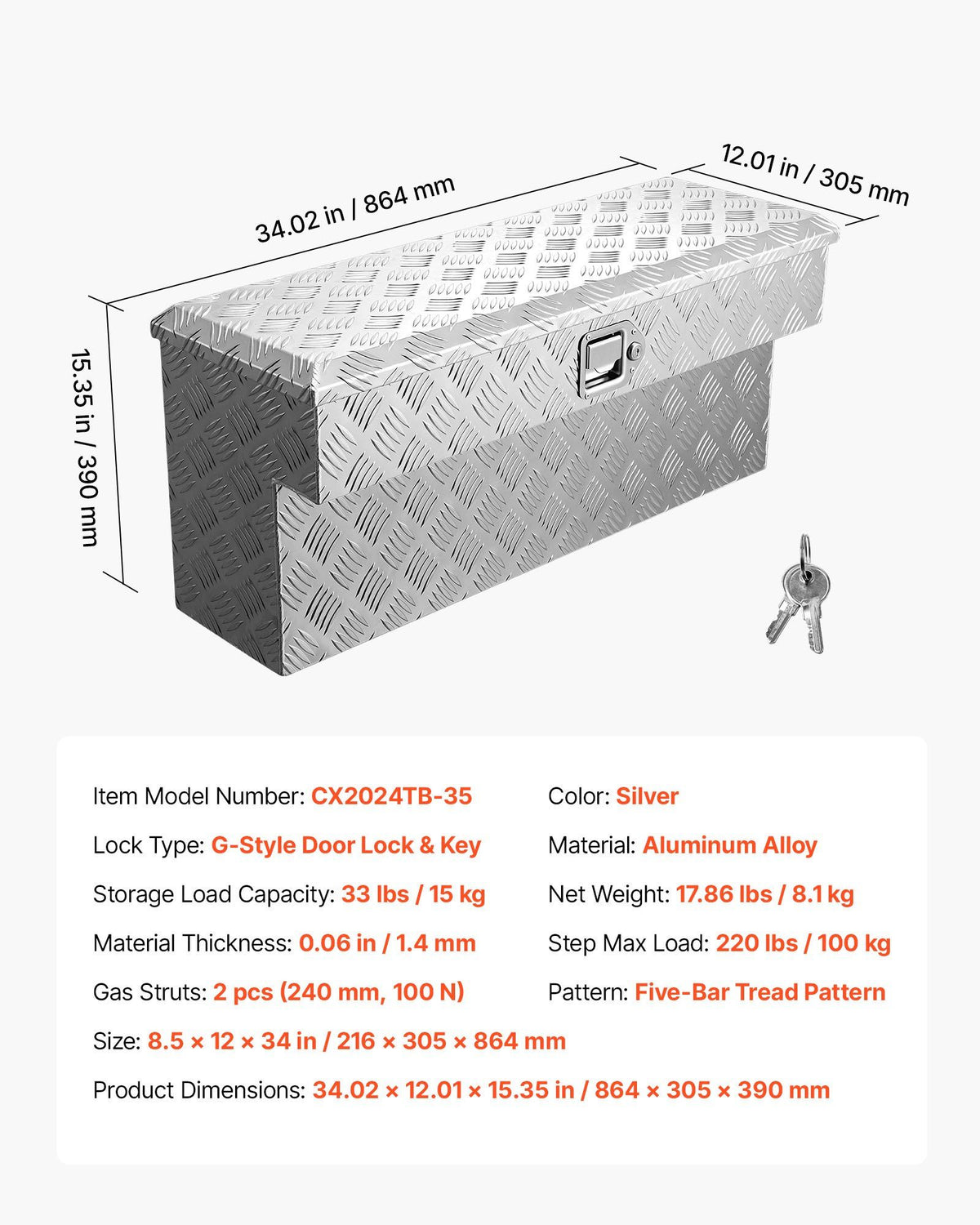 Truck Bed Tool Box, Heavy Duty Aluminum Tool Box with Tread Patterns, Storage Toolbox Chest Organizer with V952-CZGJX33INCHY6ZBO7001V0