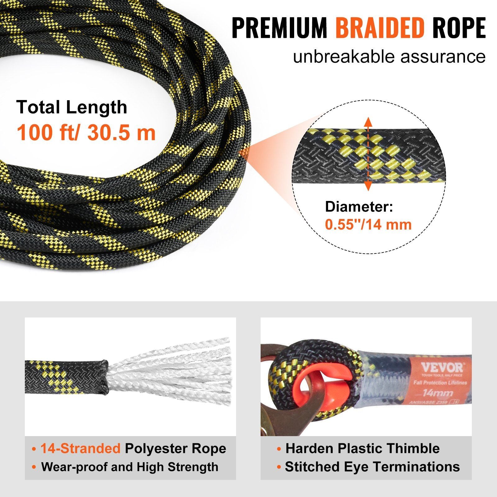 Vertical Lifeline Assembly 0.55'' x 100' Fall Protection Rope 30 KN ANSI V952-CZSMXHHXWS105HEJUV0