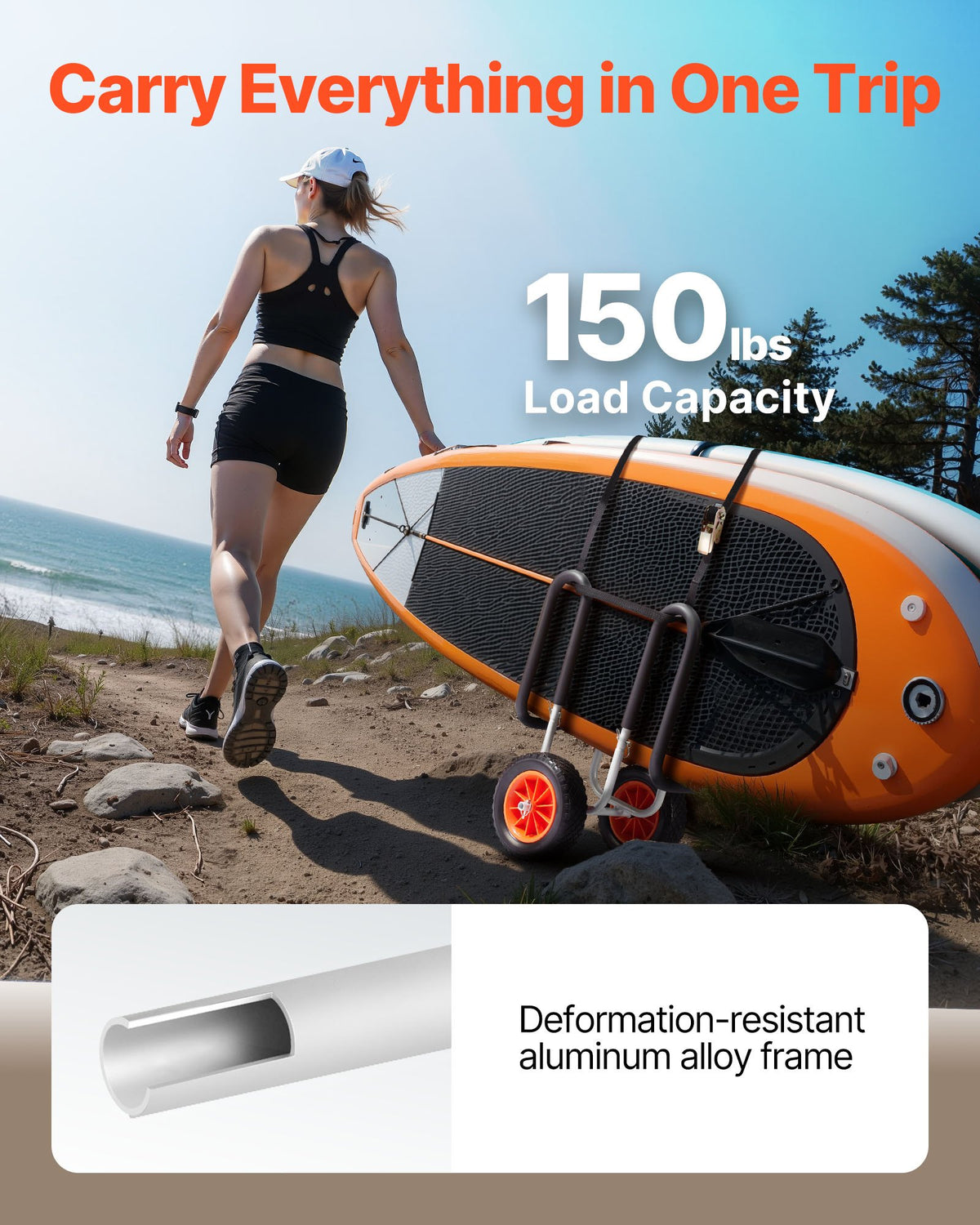 Kayak Cart, 68.0 kg Load Capacity, Stand Up Paddle Board Trolley with 25.4 cm Solid Rubber Tires & V952-CZSPHTTC10INP1Q50001V0