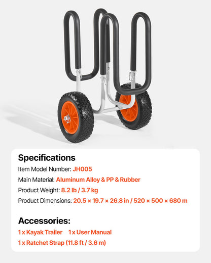 Kayak Cart, 68.0 kg Load Capacity, Stand Up Paddle Board Trolley with 25.4 cm Solid Rubber Tires & V952-CZSPHTTC10INP1Q50001V0