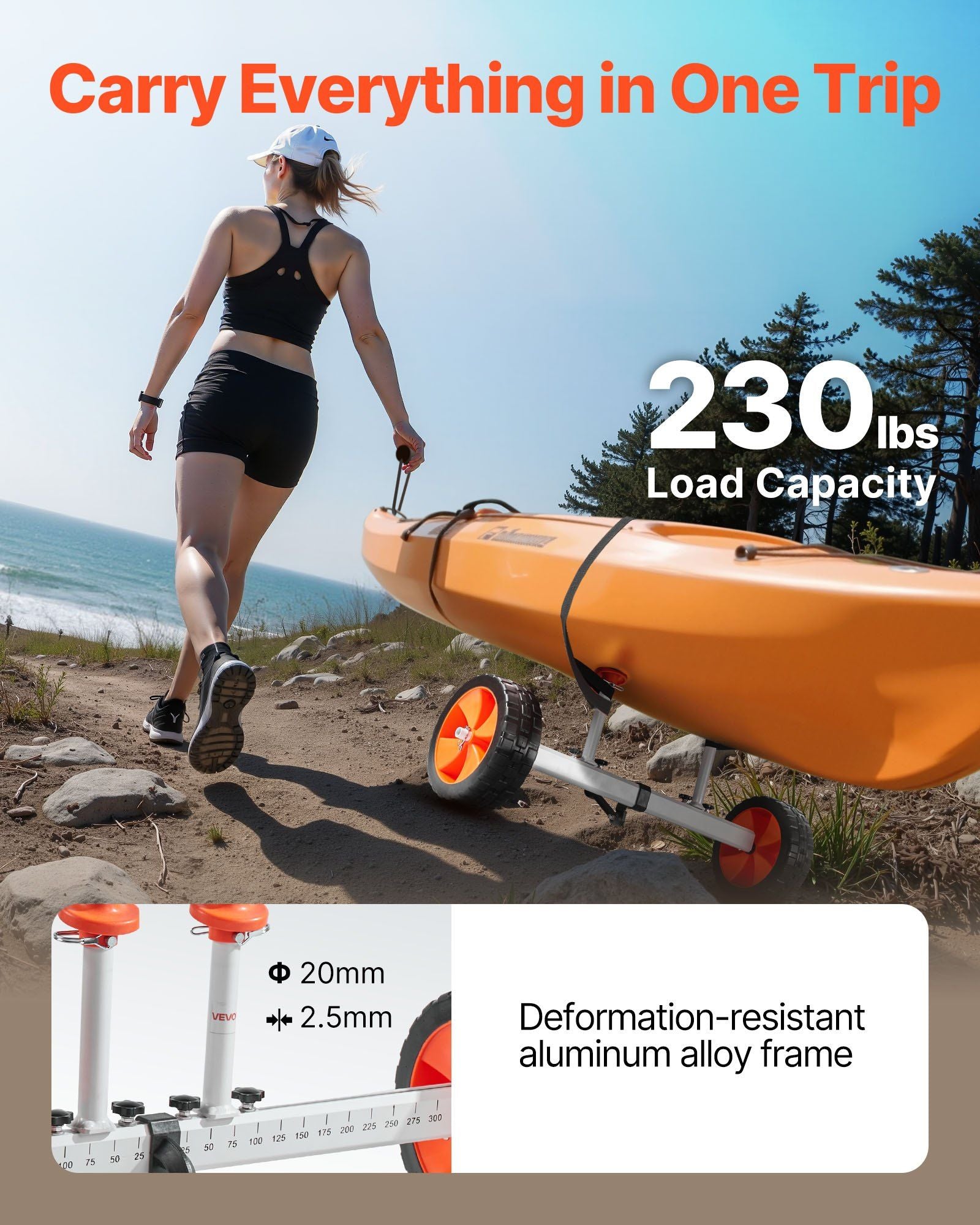 Kayak Cart, 104 kg Load Capacity, Canoe Cart Dolly with 25.4 cm Solid PU Tires & Kickstand, Assembles & V952-CZSPHTTC10INTL5QS001V0