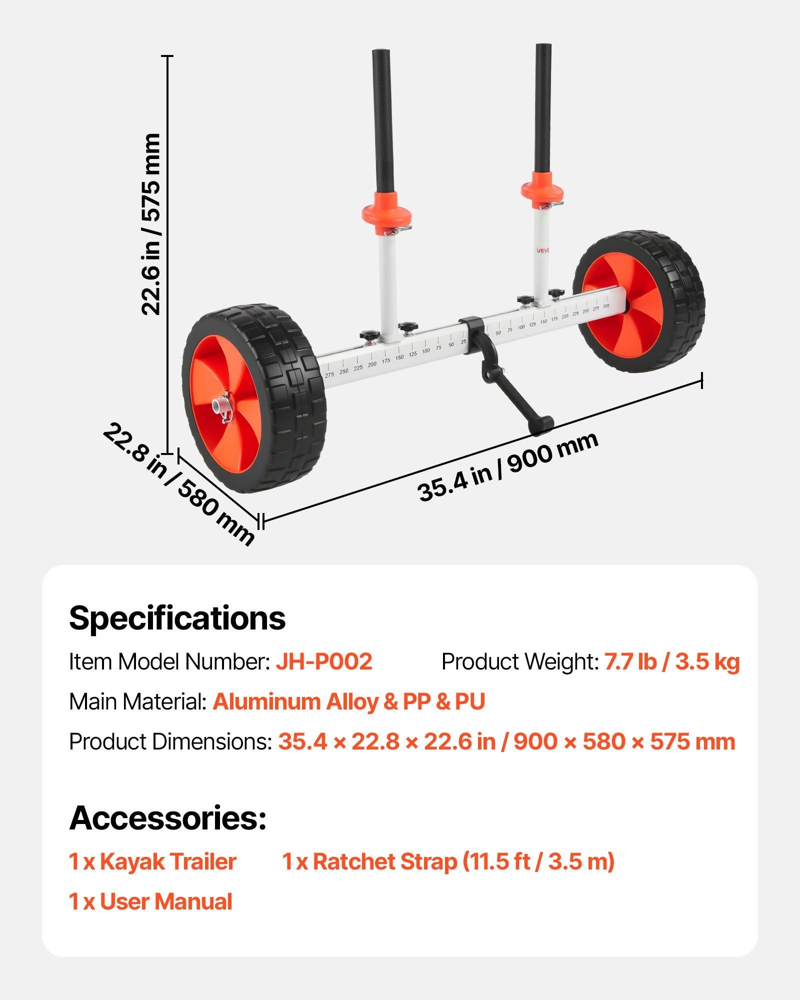Kayak Cart, 104 kg Load Capacity, Canoe Cart Dolly with 25.4 cm Solid PU Tires & Kickstand, Assembles & V952-CZSPHTTC10INTL5QS001V0