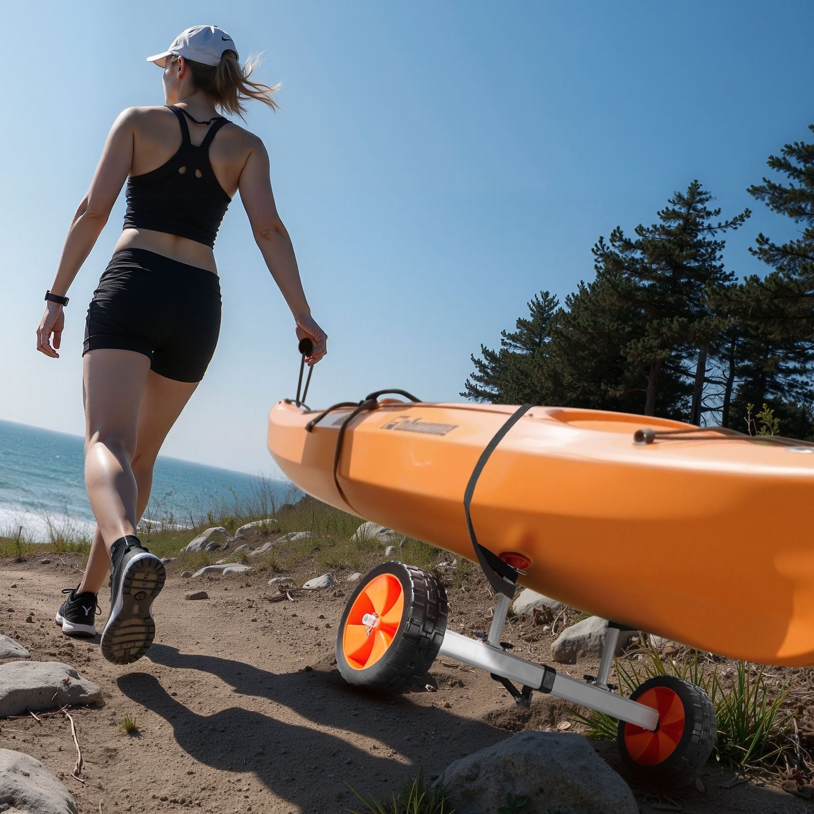 Kayak Cart, 104 kg Load Capacity, Canoe Cart Dolly with 25.4 cm Solid PU Tires & Kickstand, Assembles & V952-CZSPHTTC10INTL5QS001V0