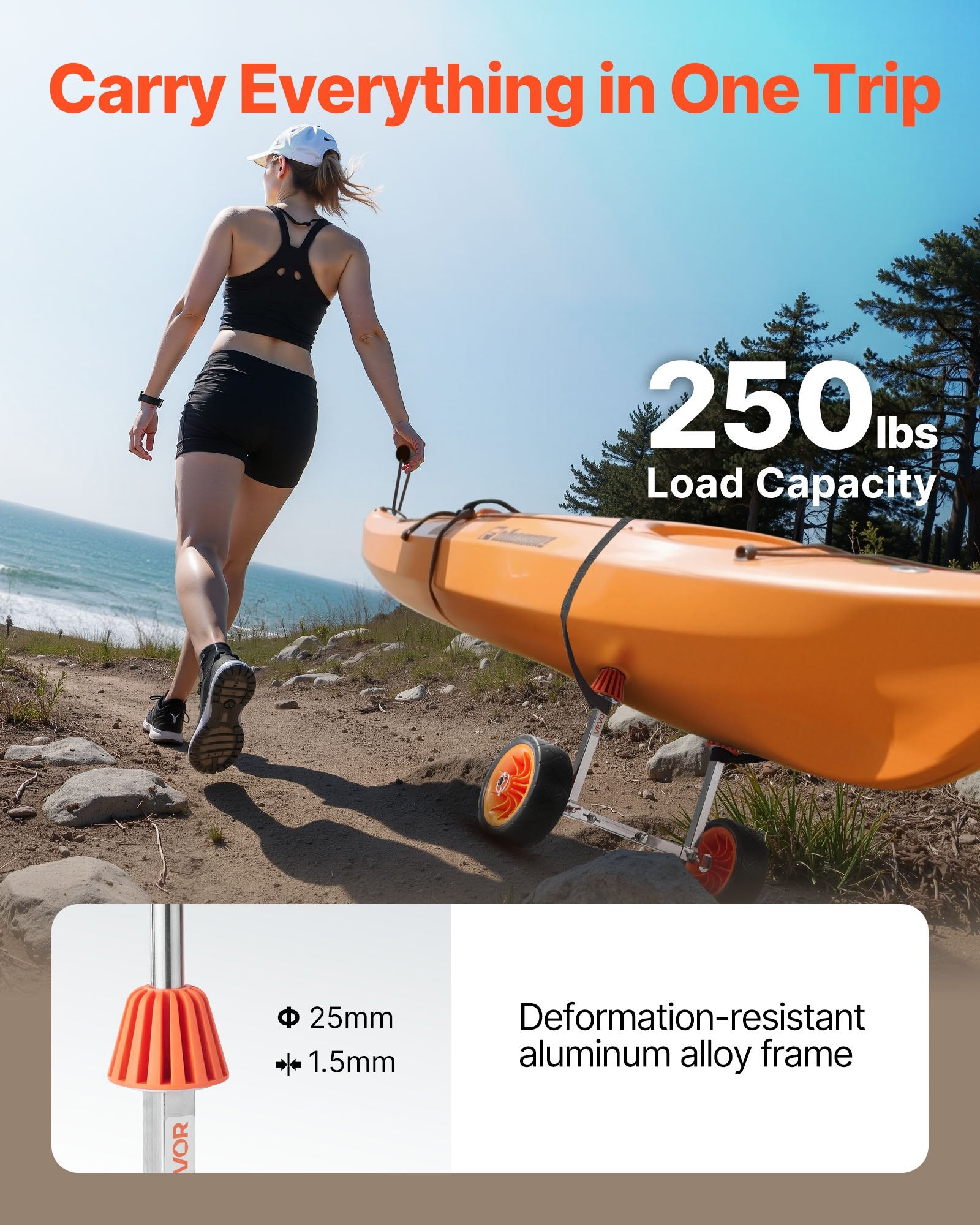 Kayak Cart, 113.4 kg Load Capacity, Canoe Cart Dolly with 19.1 cm Solid Rubber Tires & Kickstand, Assembles & V952-CZSPHTTC8INC8AUKV001V0