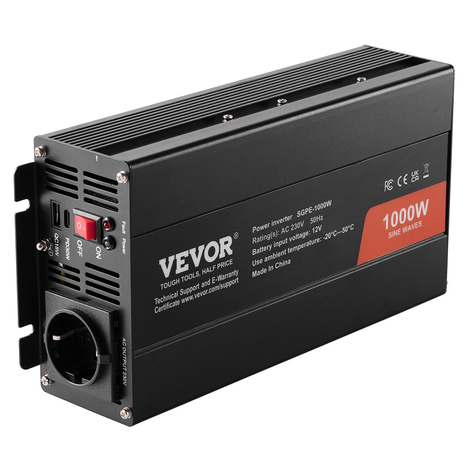 Pure Sine Wave Inverter, 1000 Watt, DC 12V to AC 230V Power Inverter with 2 AC Outlets 2 USB Port 1 Type-C V952-CZXNBQ1000WCILWT2V3