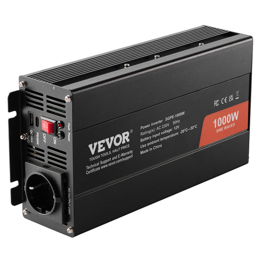 Pure Sine Wave Inverter, 1000 Watt, DC 12V to AC 230V Power Inverter with 2 AC Outlets 2 USB Port 1 Type-C V952-CZXNBQ1000WCILWT2V3
