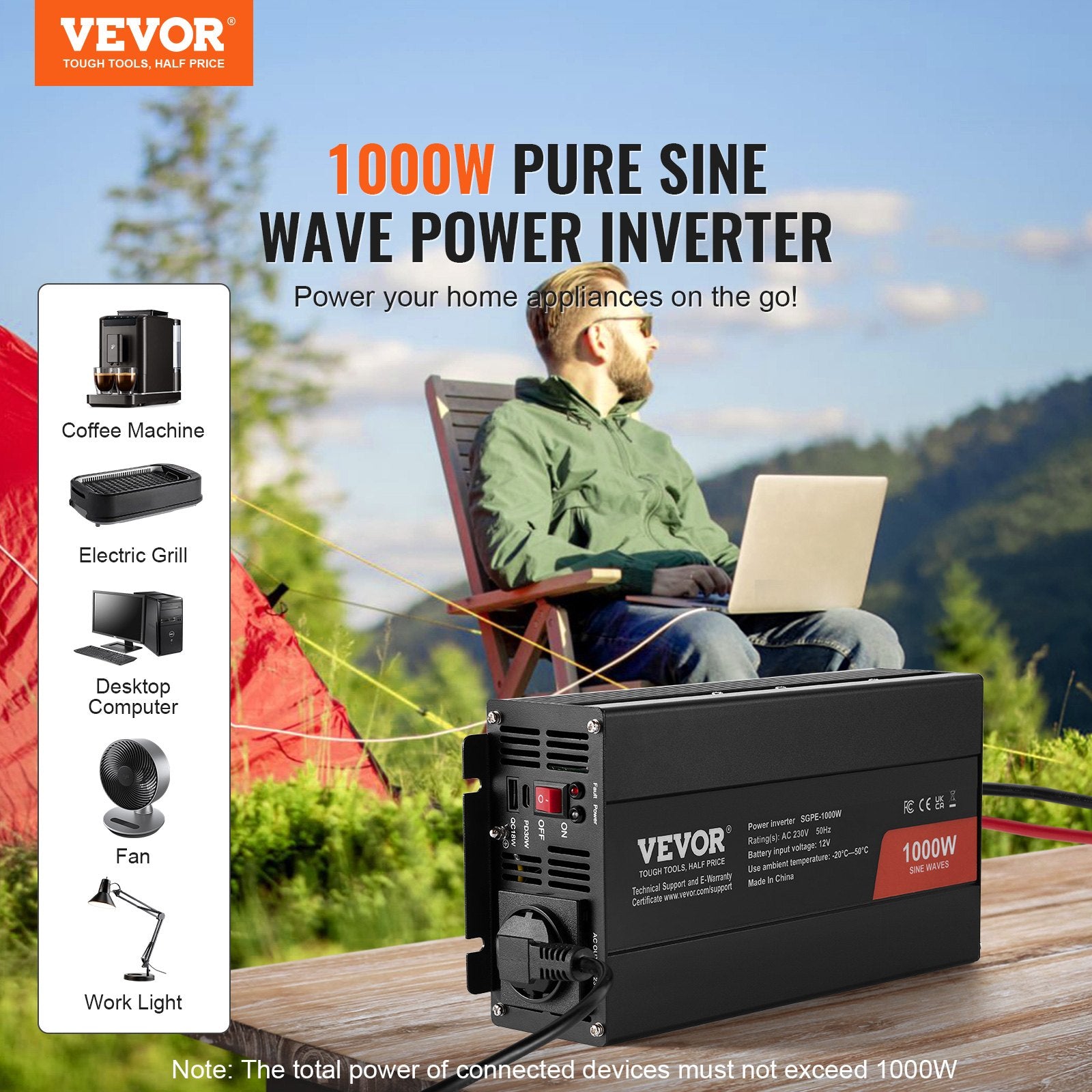 Pure Sine Wave Inverter, 1000 Watt, DC 12V to AC 230V Power Inverter with 2 AC Outlets 2 USB Port 1 Type-C V952-CZXNBQ1000WCILWT2V3