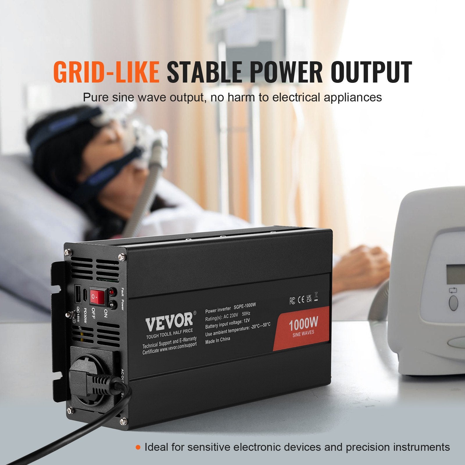 Pure Sine Wave Inverter, 1000 Watt, DC 12V to AC 230V Power Inverter with 2 AC Outlets 2 USB Port 1 Type-C V952-CZXNBQ1000WCILWT2V3