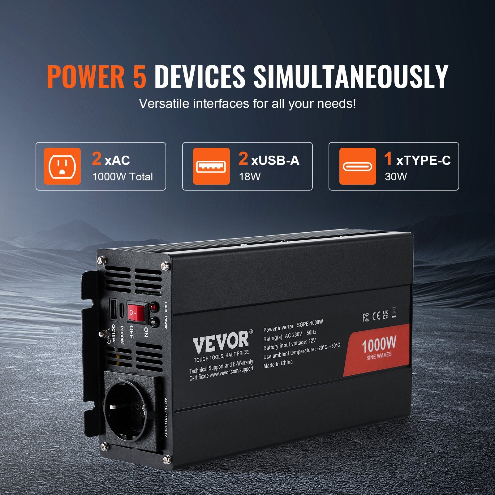 Pure Sine Wave Inverter, 1000 Watt, DC 12V to AC 230V Power Inverter with 2 AC Outlets 2 USB Port 1 Type-C V952-CZXNBQ1000WCILWT2V3