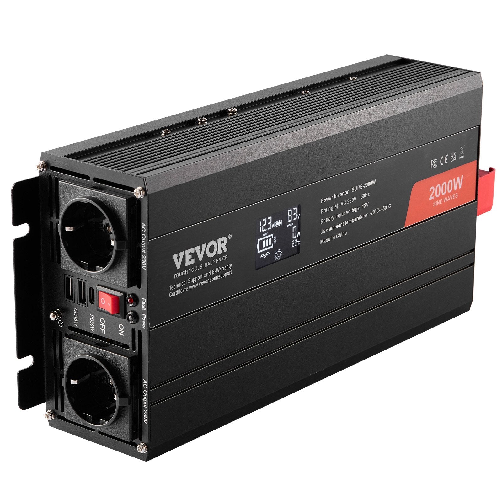 Pure Sine Wave Inverter, 2000 Watt, Power Inverter with 2 AC Outlets 2 USB Port 1 Type-C Port, LCD Display V952-CZXNBQ2000WCKAYAZV3