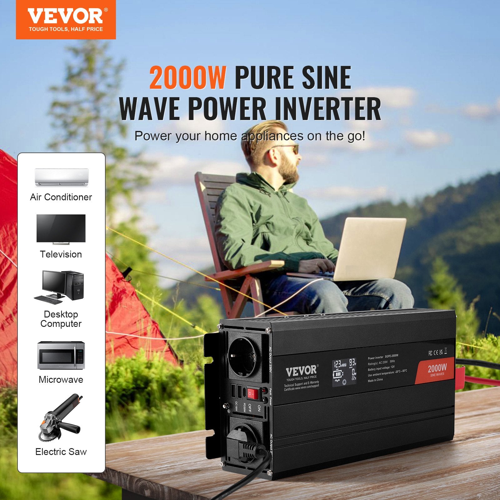 Pure Sine Wave Inverter, 2000 Watt, Power Inverter with 2 AC Outlets 2 USB Port 1 Type-C Port, LCD Display V952-CZXNBQ2000WCKAYAZV3
