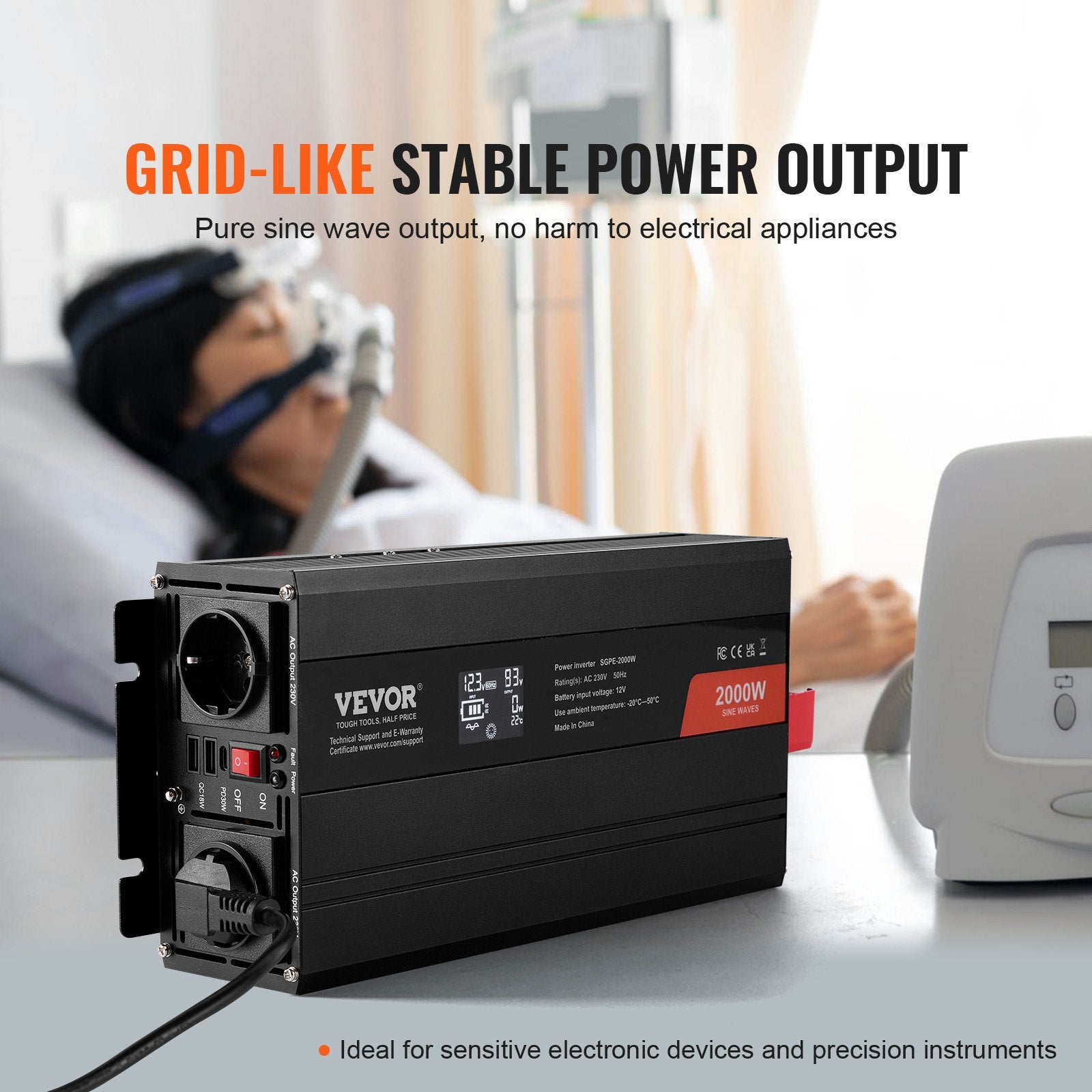 Pure Sine Wave Inverter, 2000 Watt, Power Inverter with 2 AC Outlets 2 USB Port 1 Type-C Port, LCD Display V952-CZXNBQ2000WCKAYAZV3