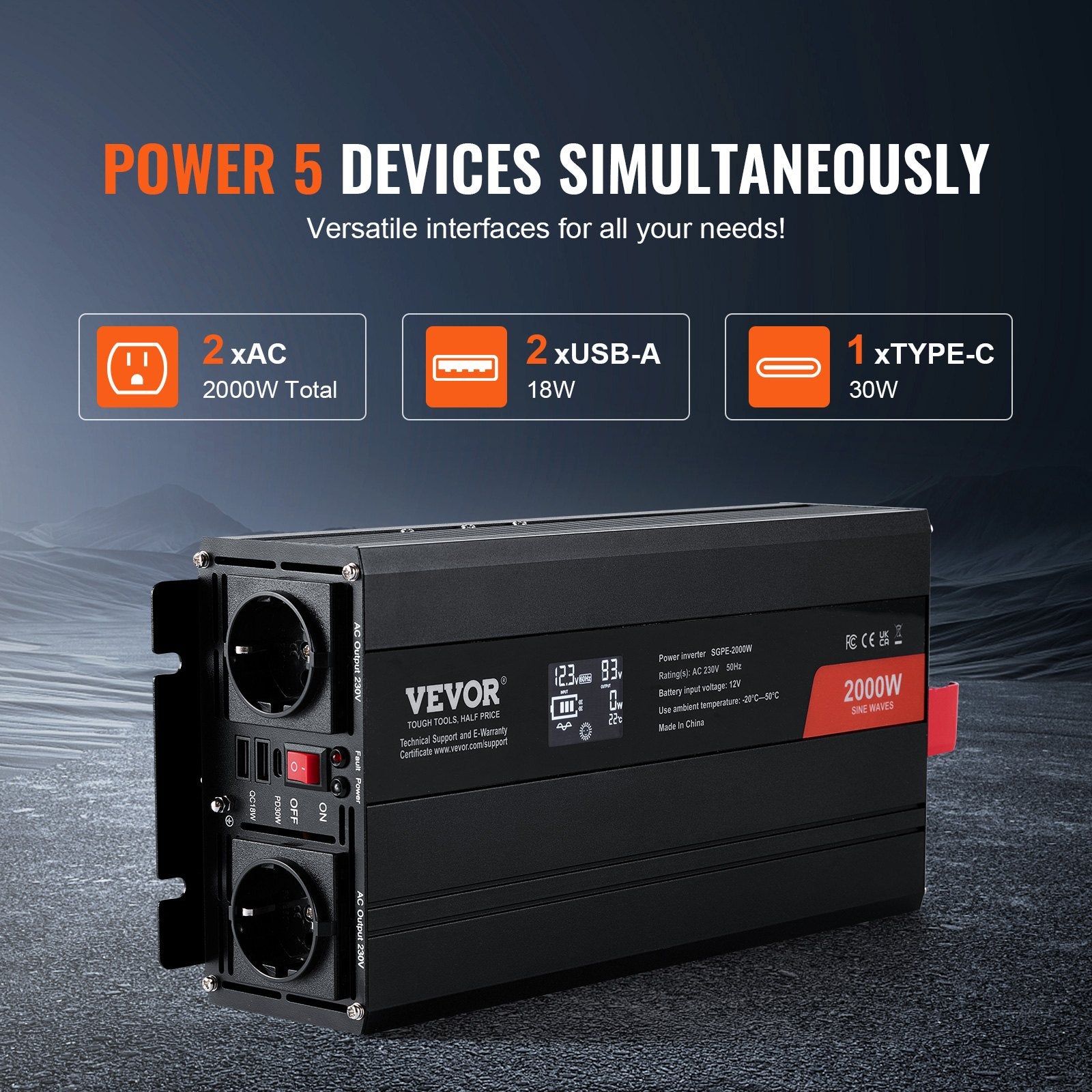 Pure Sine Wave Inverter, 2000 Watt, Power Inverter with 2 AC Outlets 2 USB Port 1 Type-C Port, LCD Display V952-CZXNBQ2000WCKAYAZV3