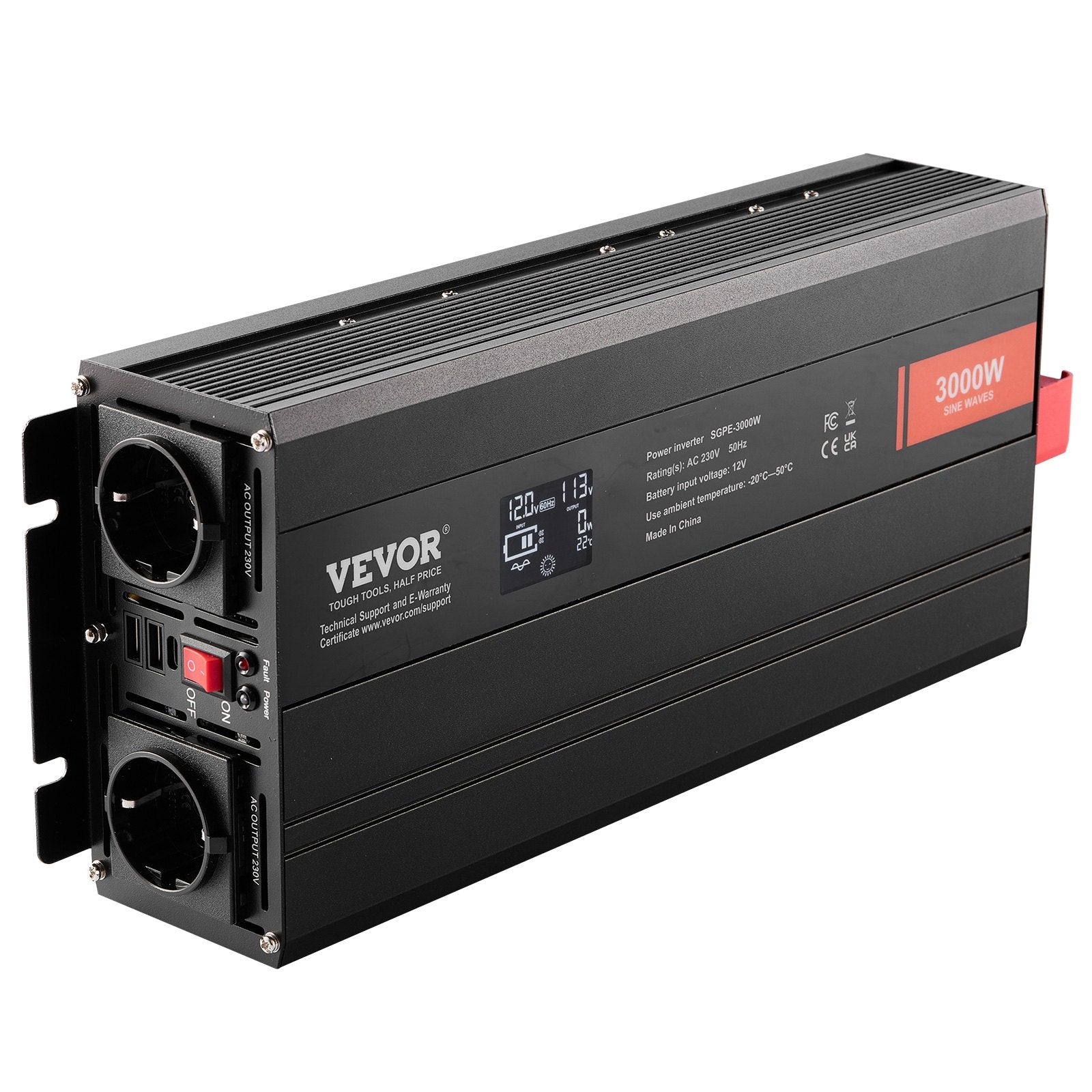 Pure Sine Wave Inverter, 3000 Watt, Power Inverter with 2 AC Outlets 2 USB Port 1 Type-C Port, LCD Display V952-CZXNBQ3000WC2N69YV3