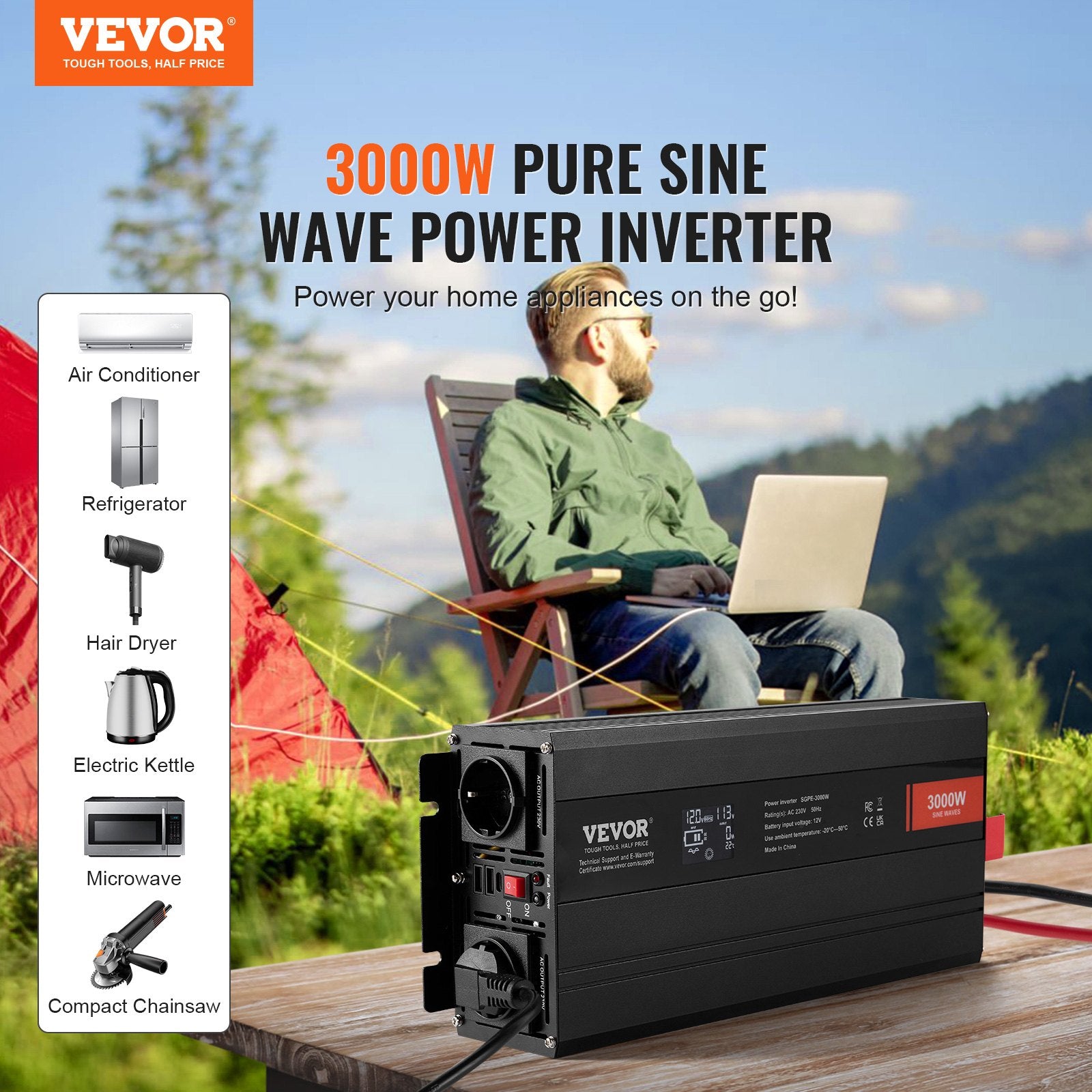 Pure Sine Wave Inverter, 3000 Watt, Power Inverter with 2 AC Outlets 2 USB Port 1 Type-C Port, LCD Display V952-CZXNBQ3000WC2N69YV3