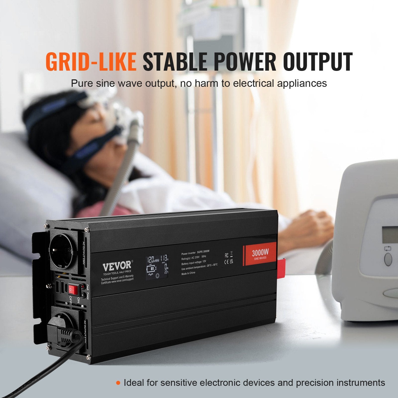 Pure Sine Wave Inverter, 3000 Watt, Power Inverter with 2 AC Outlets 2 USB Port 1 Type-C Port, LCD Display V952-CZXNBQ3000WC2N69YV3