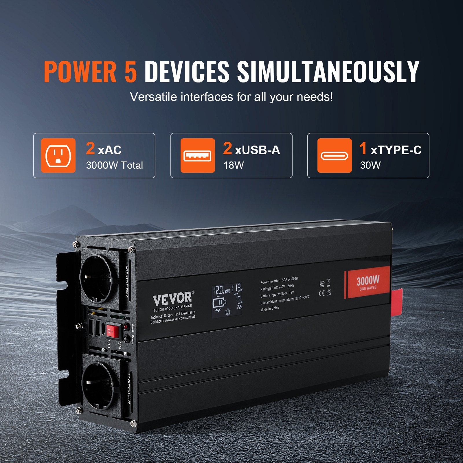 Pure Sine Wave Inverter, 3000 Watt, Power Inverter with 2 AC Outlets 2 USB Port 1 Type-C Port, LCD Display V952-CZXNBQ3000WC2N69YV3
