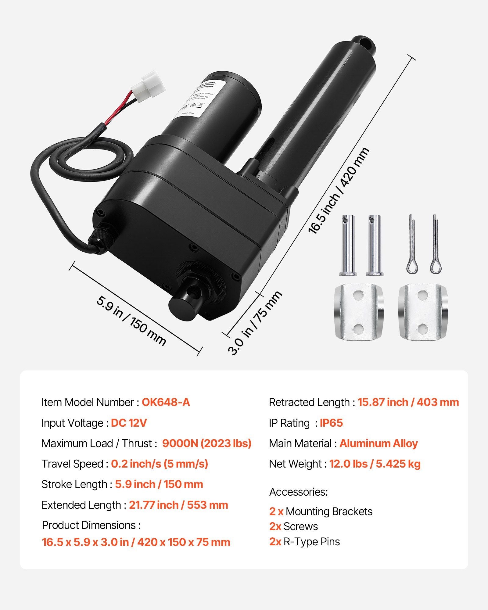 12V Linear Actuator, 150mm Stroke Ultra Heavy-Duty 9000N Linear Motion Actuator, IP65-Rated 5mm/s with V952-CZXXXZXQ9000D6J8M001V9