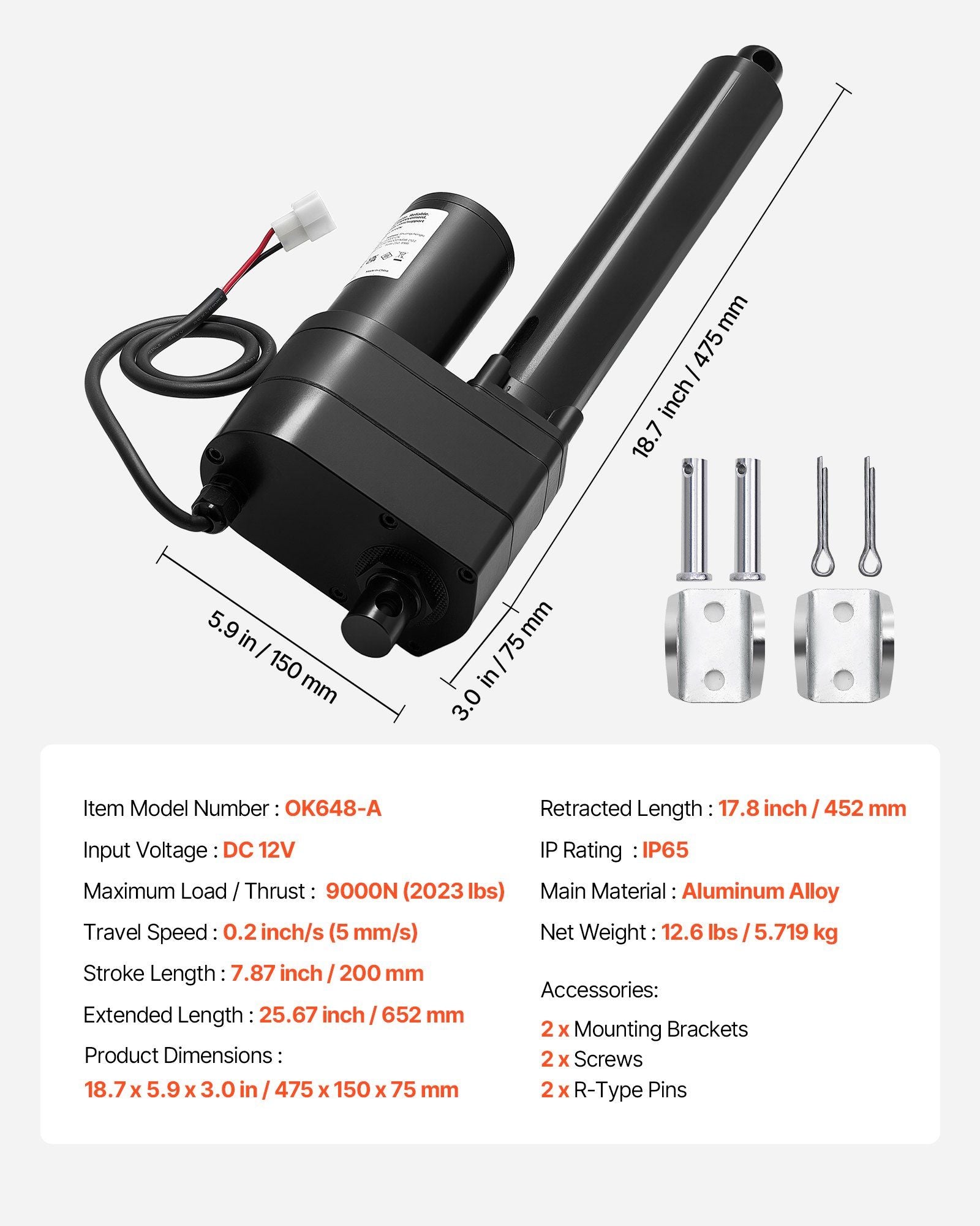12V Linear Actuator, 200mm Stroke Ultra Heavy-Duty 9000N Linear Motion Actuator, IP65-Rated 5mm/s with V952-CZXXXZXQ9000NBK9C001V9